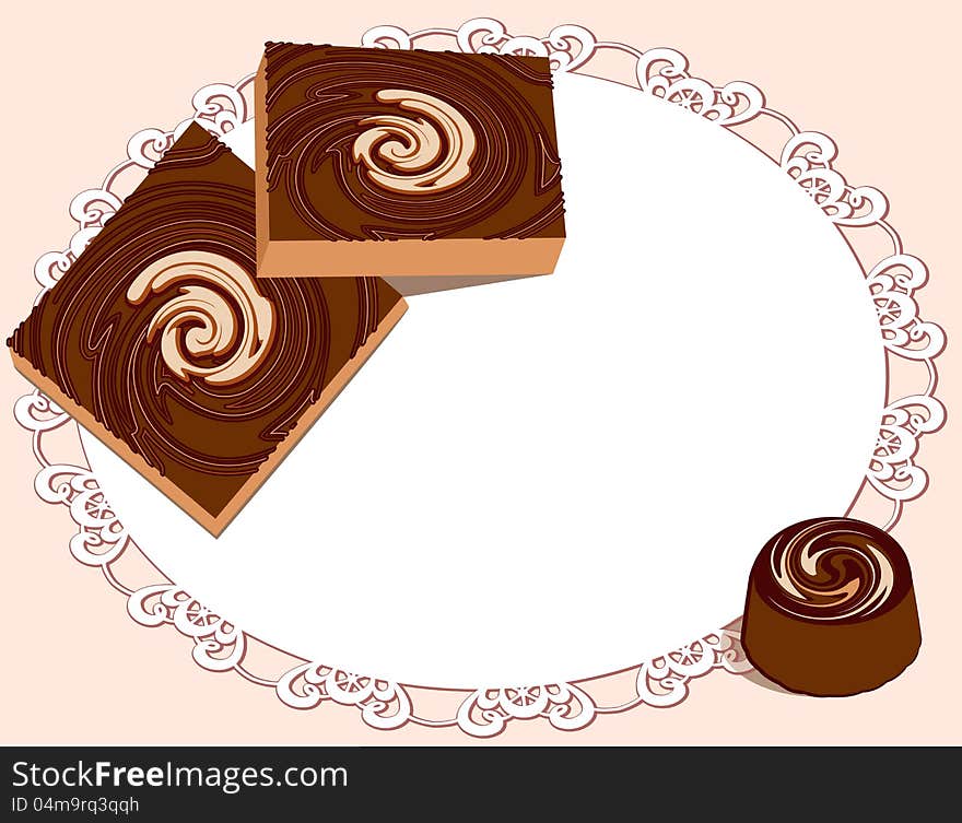 Chocolate sweets on lacy doily, background for design. Chocolate sweets on lacy doily, background for design