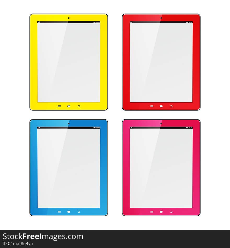 Tablet computer. Colorful frame tablet pc with white screen. Object isolated of background.