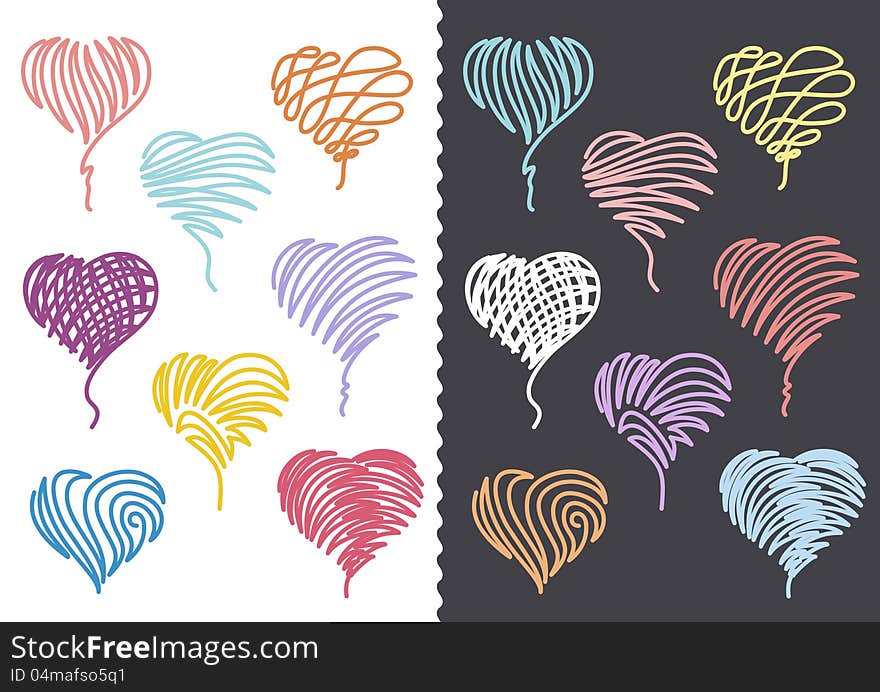 Collection of Hand Drawn Hearts. On white and dark-grey background. Collection of Hand Drawn Hearts. On white and dark-grey background.