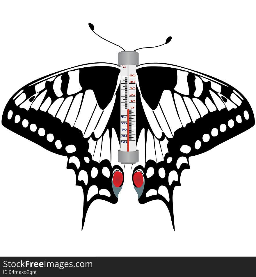 The abstract image. The thermometer on the background of a butterfly. The illustration on a white background. The abstract image. The thermometer on the background of a butterfly. The illustration on a white background.