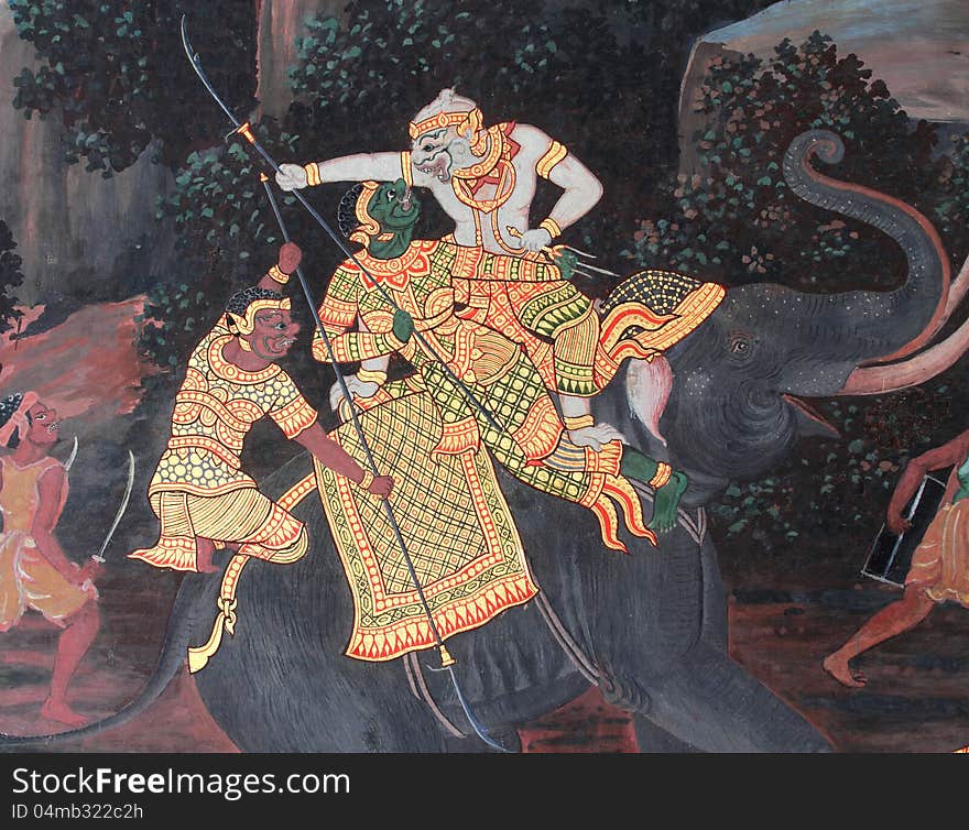 Thai art painting on the wall In Wat Phra Kaew, Thailand