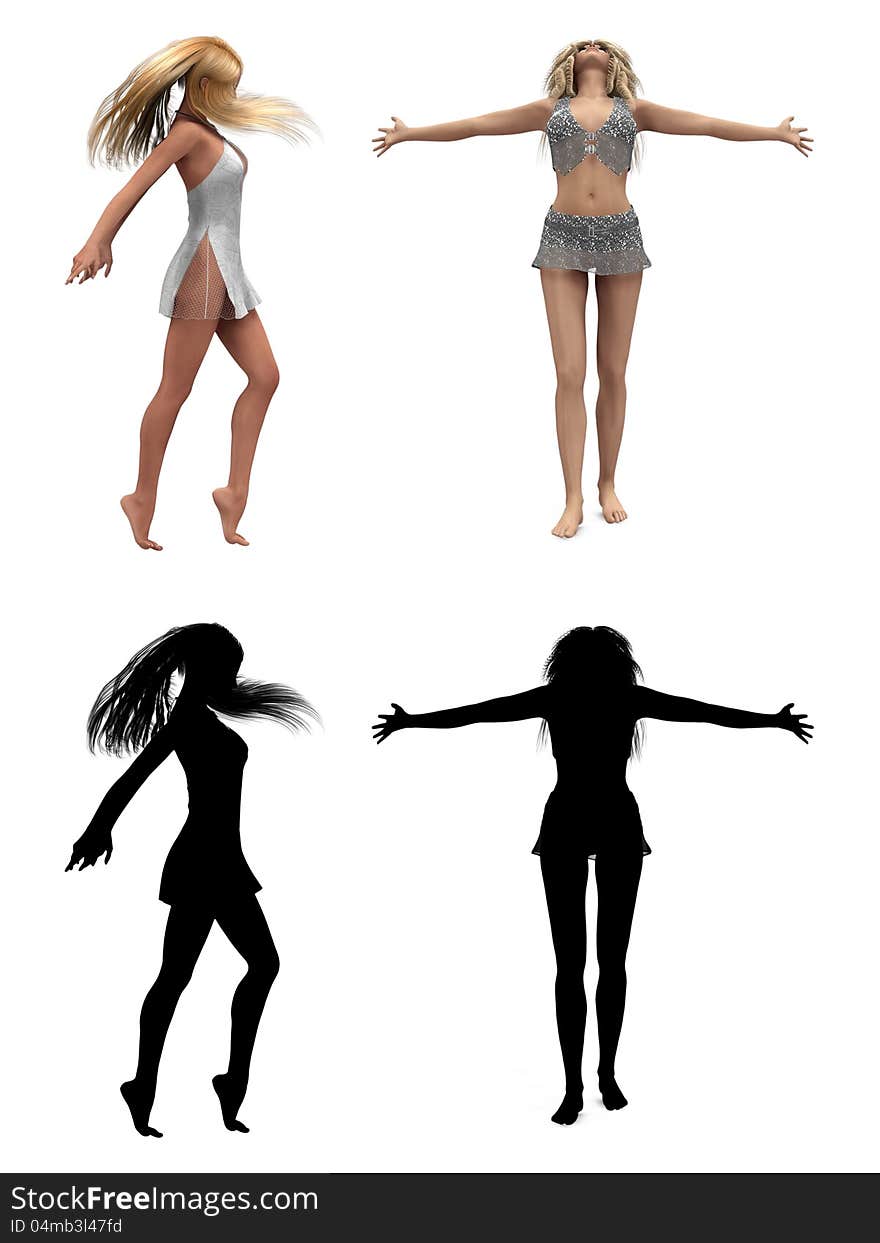 Blond hair 3d girls and silhouette isolated on white. Blond hair 3d girls and silhouette isolated on white.