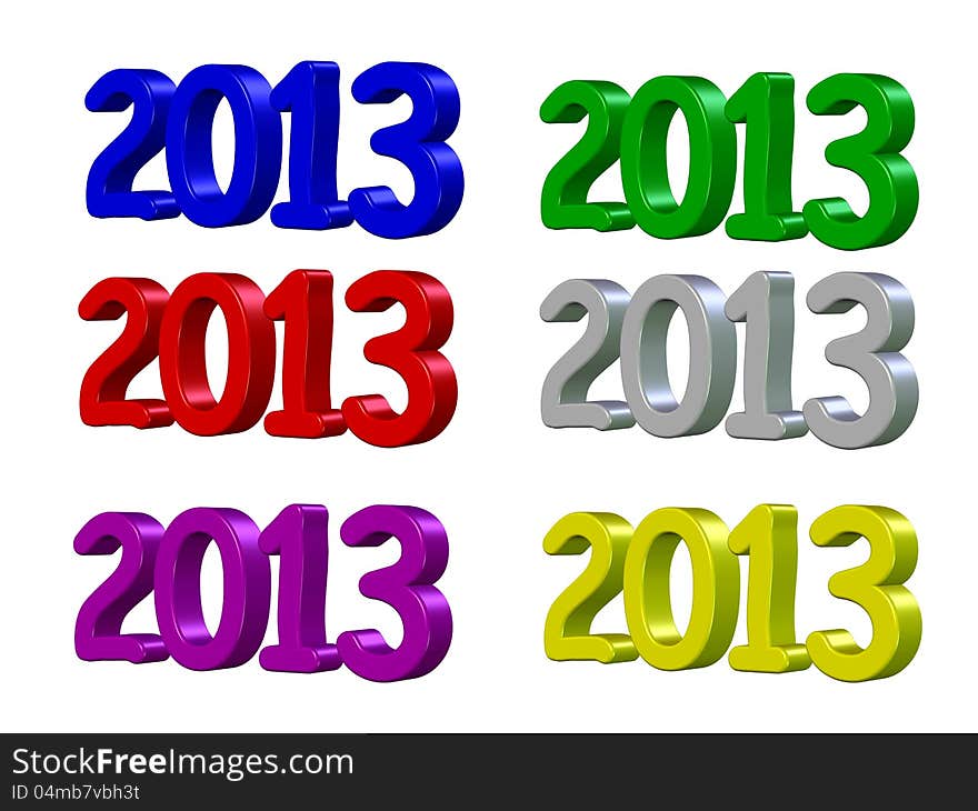 Happy New Year 2013 in 3D - the figures in red, blue, gray, yellow, green and purple colors.