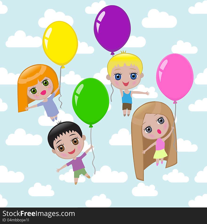 Four pretty children are flying on balloons