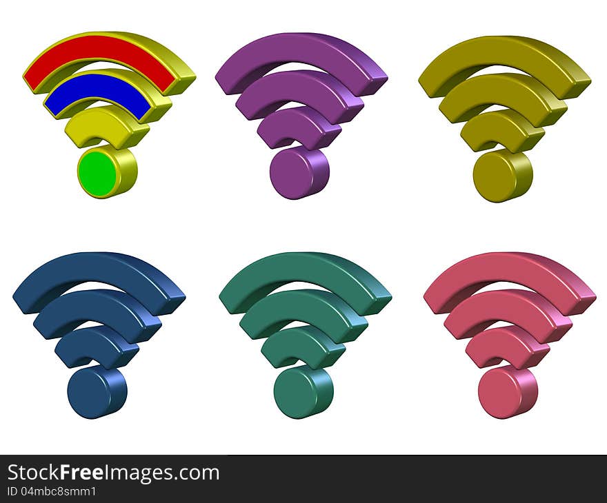 Six icons of wireless Internet in 3D in different colors. Six icons of wireless Internet in 3D in different colors.