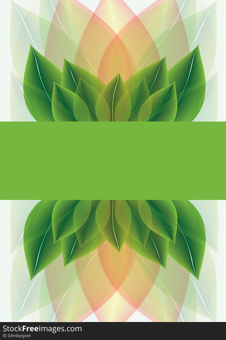 Botanical background of overlapping stylised leaves fading from a fresh spring green through orange to pastel mint with a central blank banner for your text. Botanical background of overlapping stylised leaves fading from a fresh spring green through orange to pastel mint with a central blank banner for your text