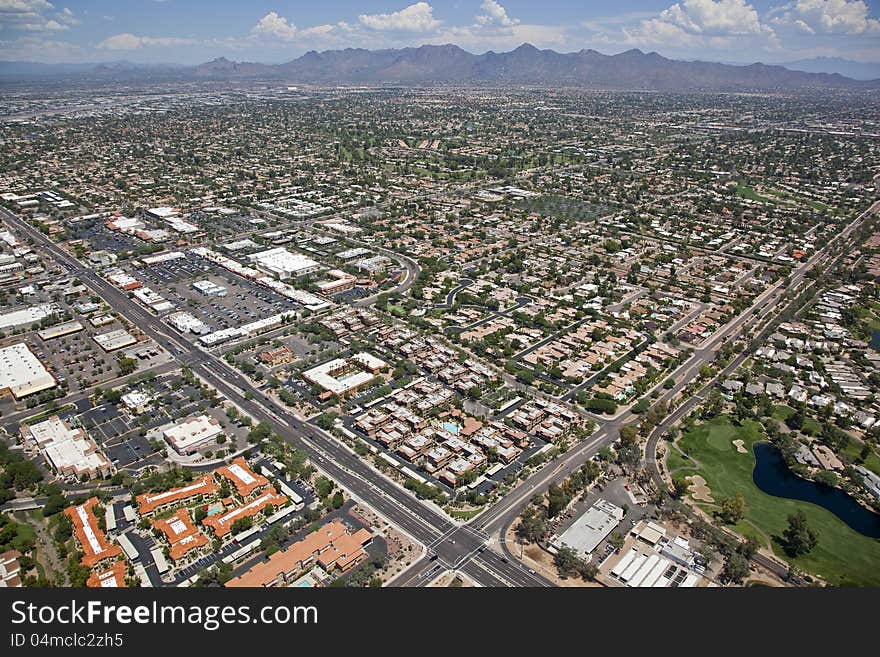 Aerial view of homes and apartments in upscale Scottsdale, Arizona