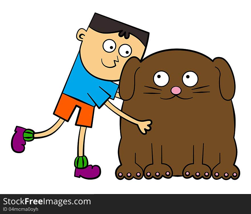 A cartoon boy embracing a cute smiling brown dog. A cartoon boy embracing a cute smiling brown dog