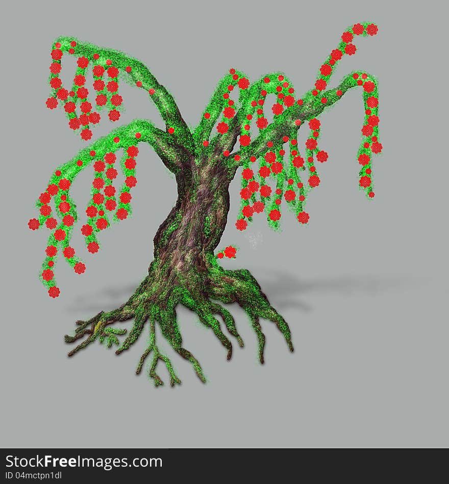 Fantasy Tree With Red Blossoms