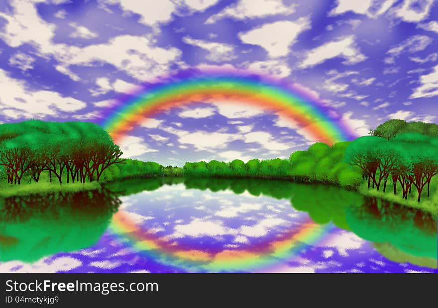 Illustration of rainbow over the lake after the rain.