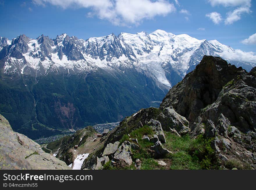 Summer mountain landscape, snow caps of Mont-Blanc massive, France