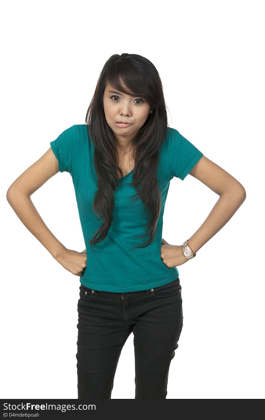 Asian woman in green shirt, posing isolated over white background