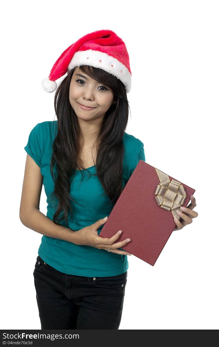 Asian woman holding christmas gift box isolated over white background. Asian woman holding christmas gift box isolated over white background