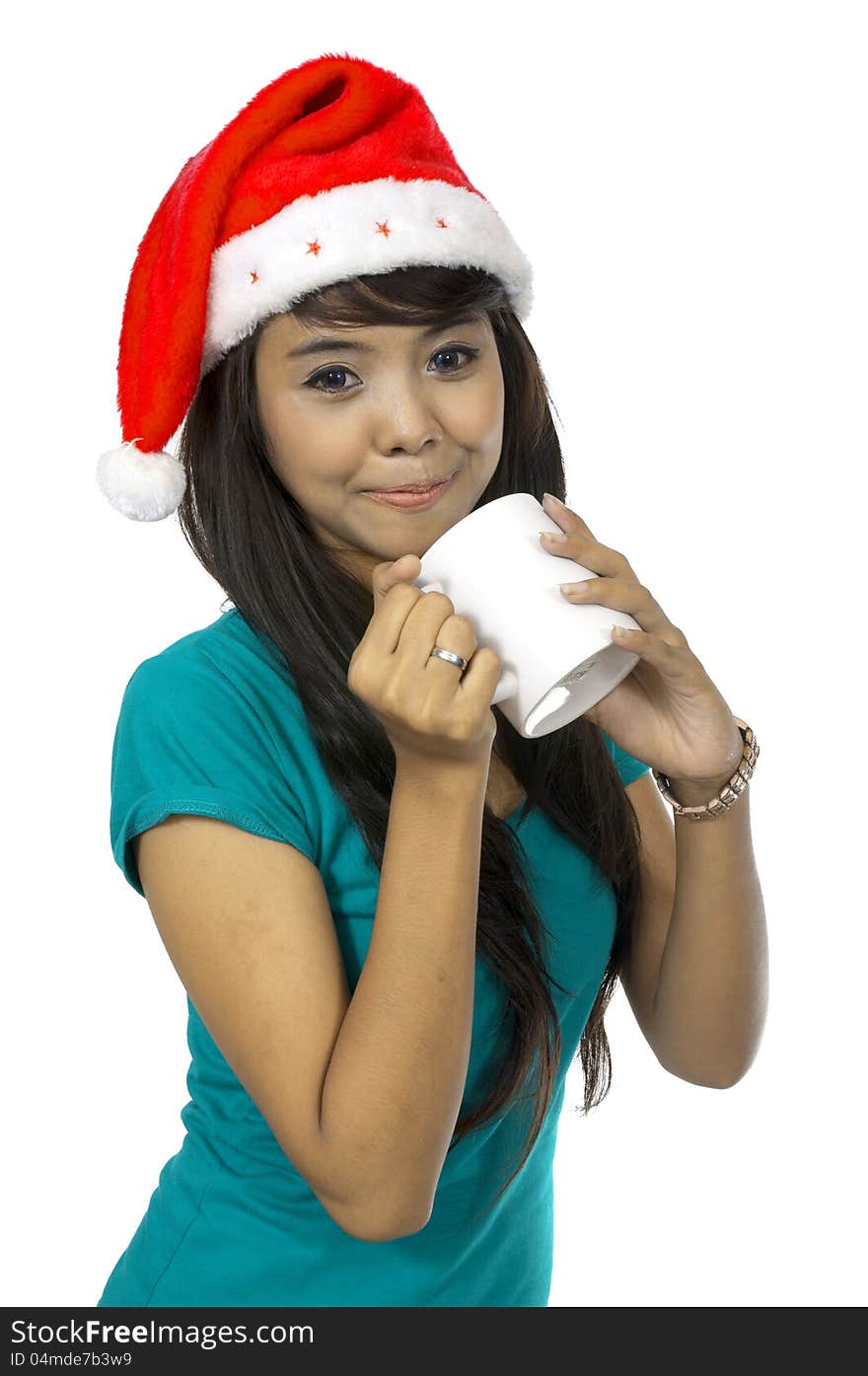 Asian woman drink coffee at christmas isolated over white background