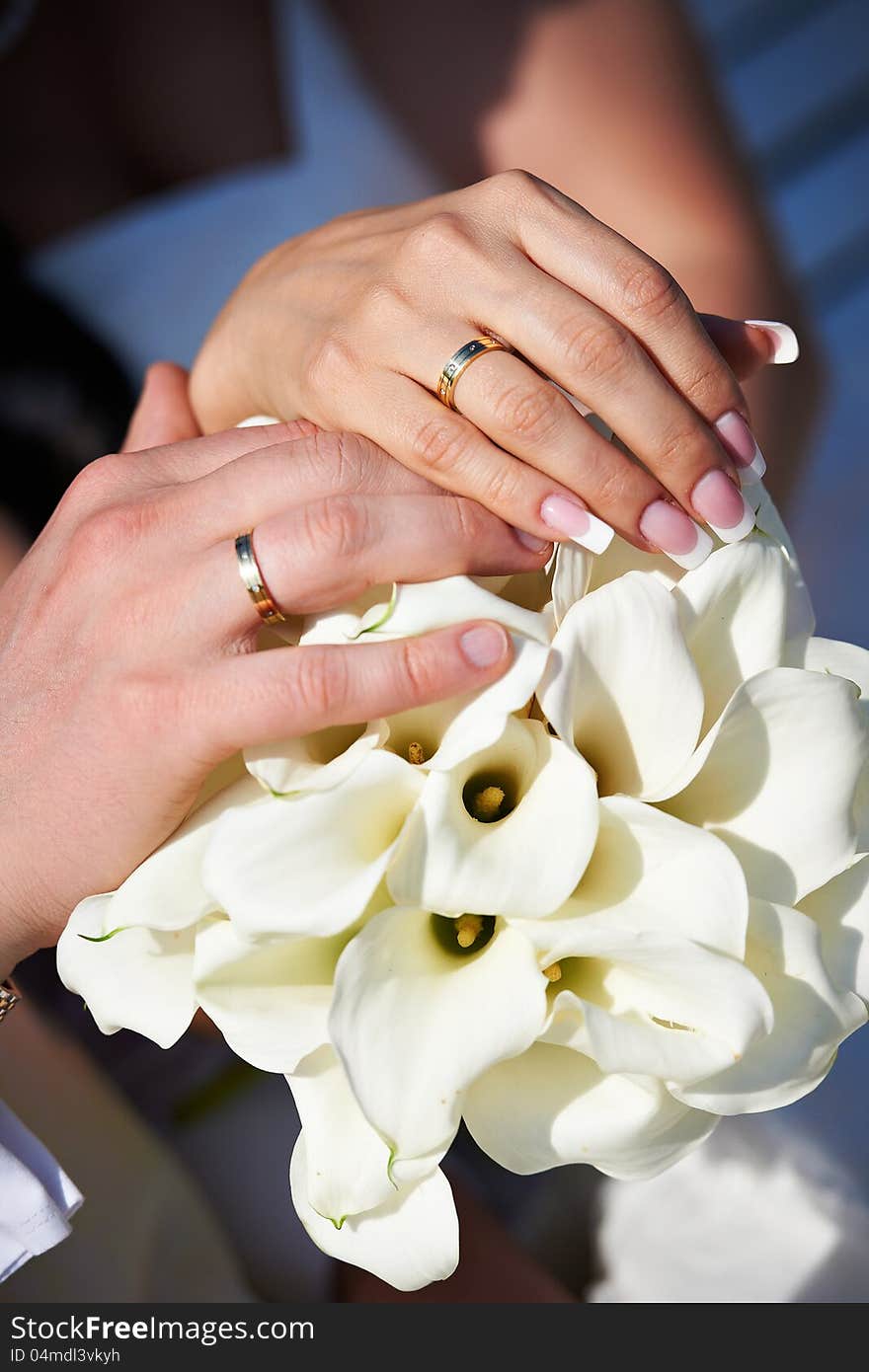 Hands With Wedding Gold Rings Happy Newlyweds