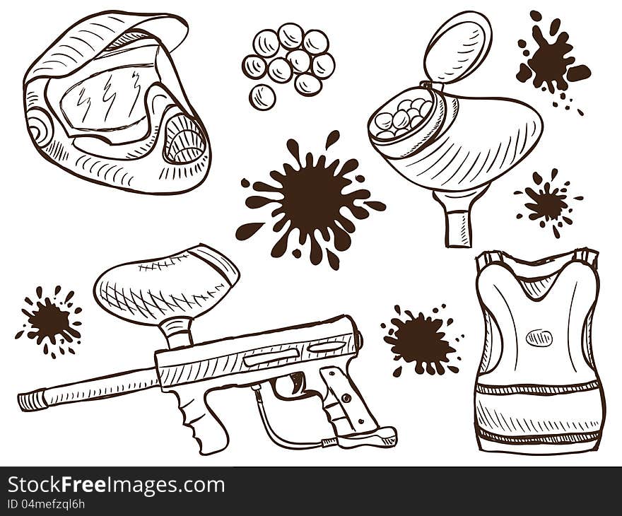 Illustration of paintball equipment and splash - doodle style. Illustration of paintball equipment and splash - doodle style