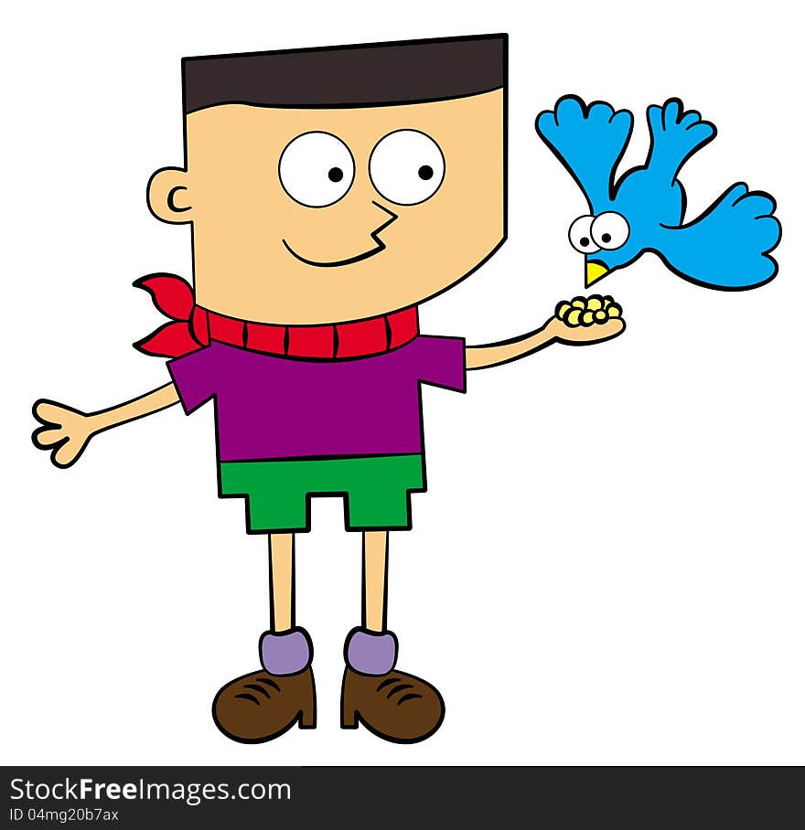 Cute illustration of a young boy feeding a bird with seeds on his hand. Cute illustration of a young boy feeding a bird with seeds on his hand