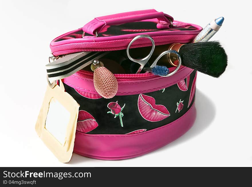 Bag with cosmetics  on a white background