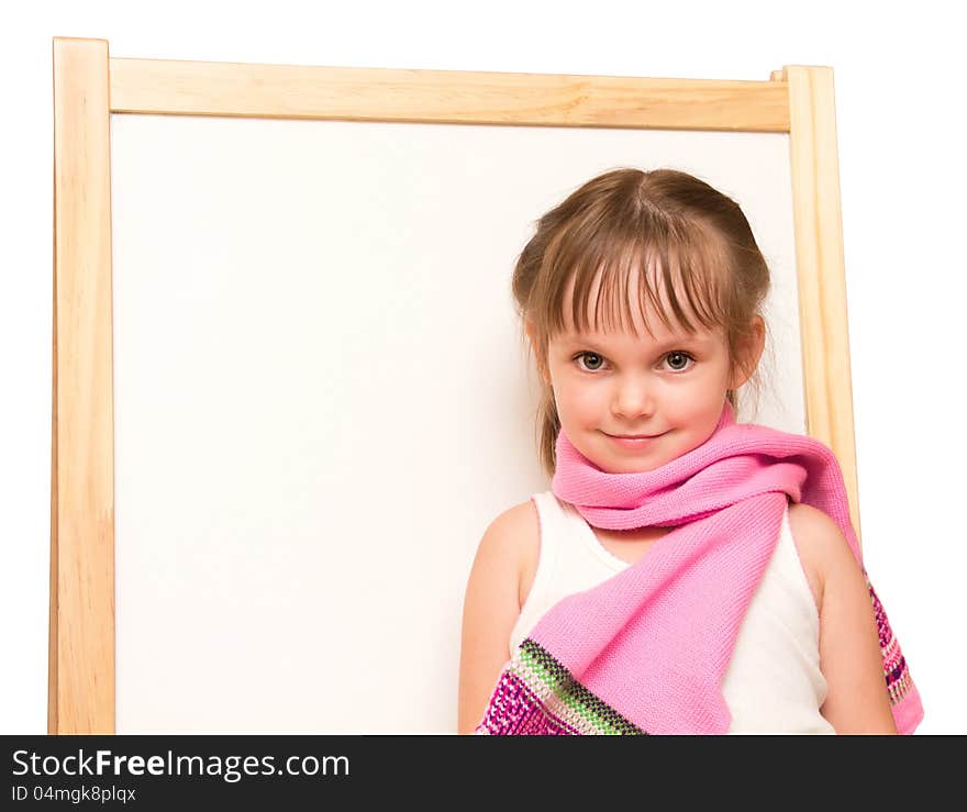 Little Girl In Scarf At Whiteboard