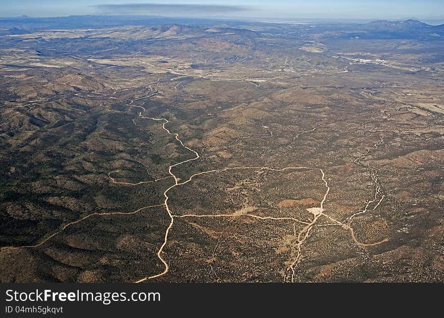 Rugged southwest landscape over Arizona from ten thousand feet