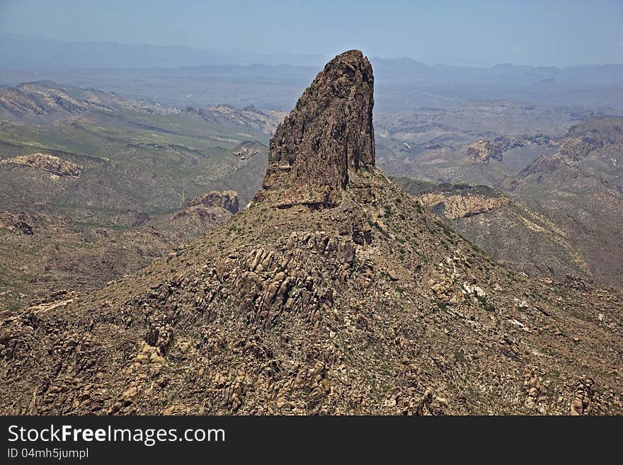 Closeup aerial view of Weaver's Needle in the Superstition Mountains. Closeup aerial view of Weaver's Needle in the Superstition Mountains