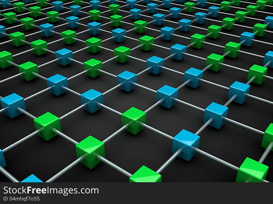 Green and blue cubes connected in an network