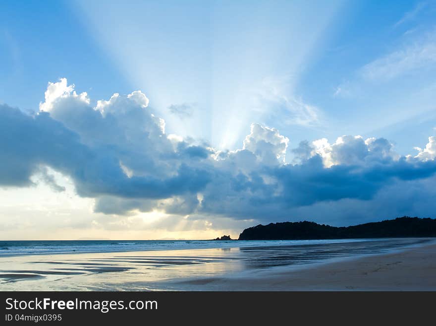 This is Tropical beach Sunset Sky With Lighted Clouds at Thailand.