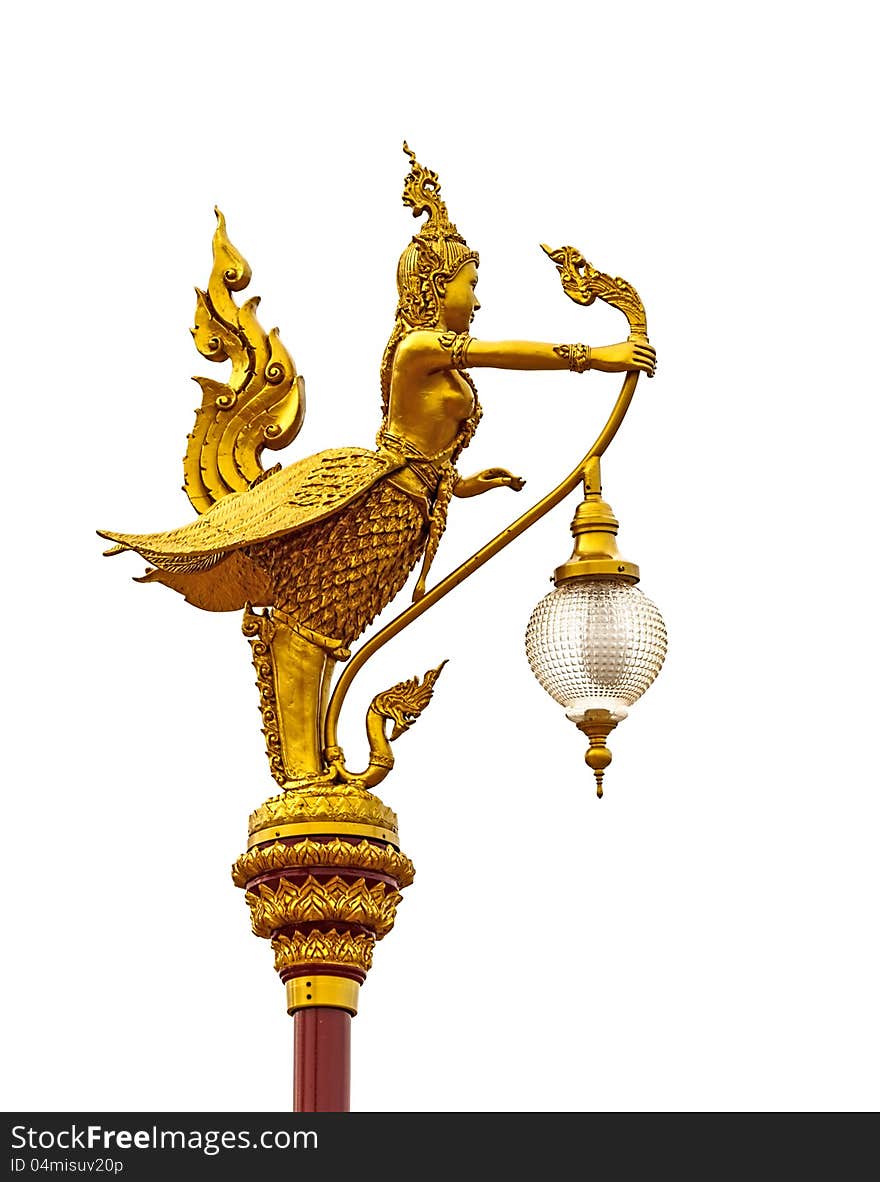 Isolated half-bird lamp at thai temple. Generality in Thailand, any kind of temple, art decorated in Buddhist church, temple etc. created with money donated by people to hire artist. They are public domain, no restrict in copy or use.