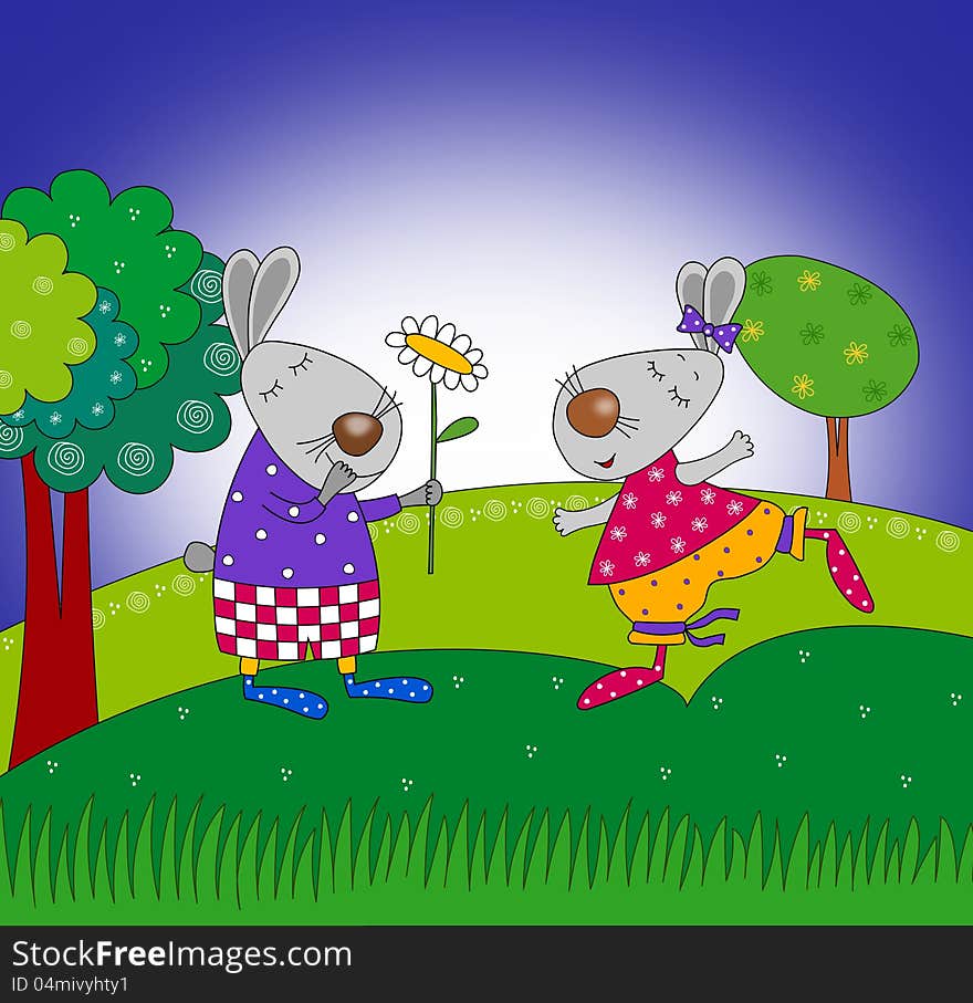 Rabbits. Colorful graphic illustration for children. Rabbits. Colorful graphic illustration for children