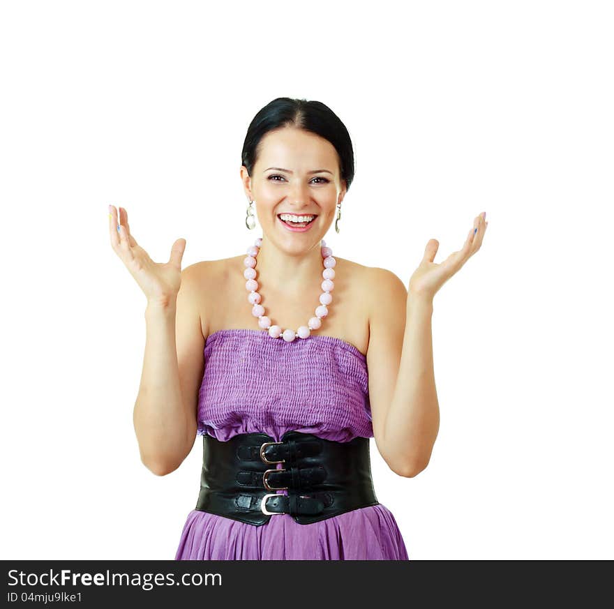 Happy beautiful brunette woman excited shrugging over white background. Happy beautiful brunette woman excited shrugging over white background