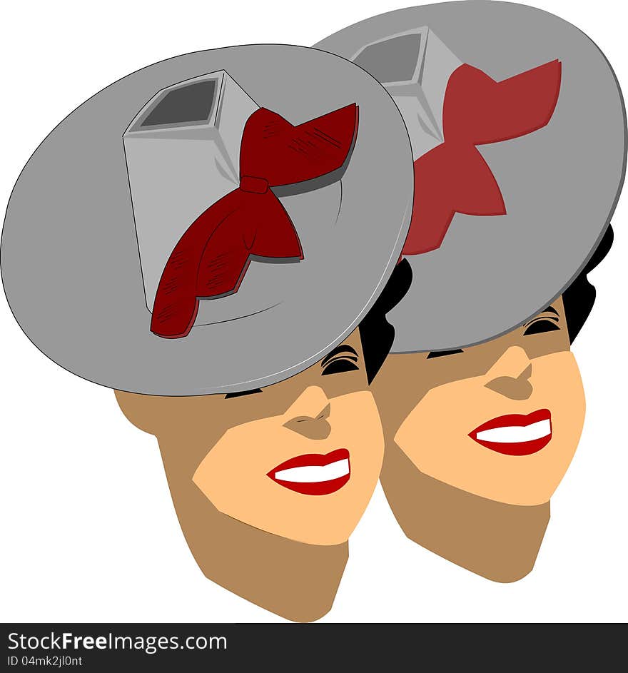 Twins in retro style wearing fashionable hats with large smiles