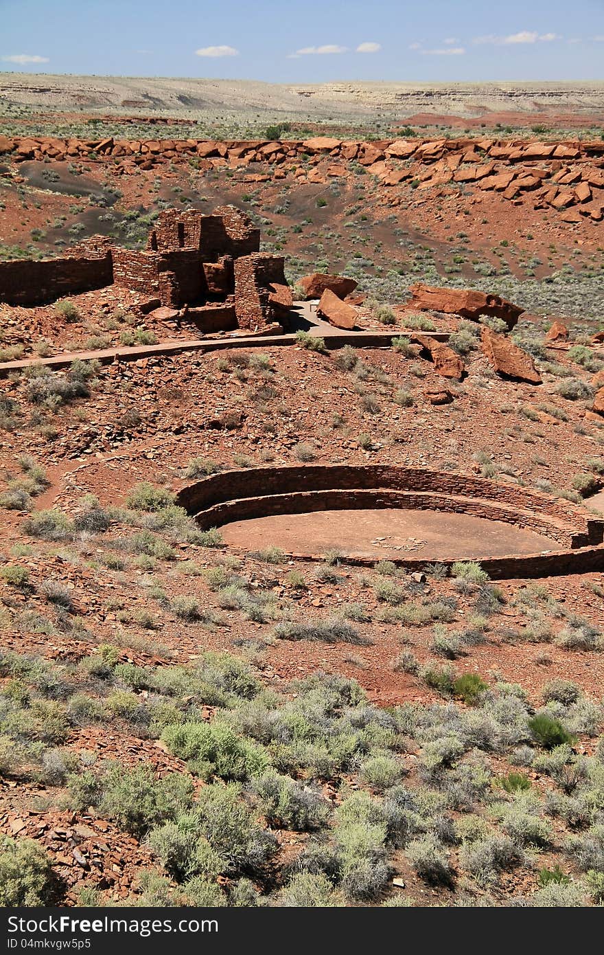 A ruined House in the Wupatki Pueblo site. Native American Indian Dwelling and ball court. In Wupatki National Monument, Arizona, USA