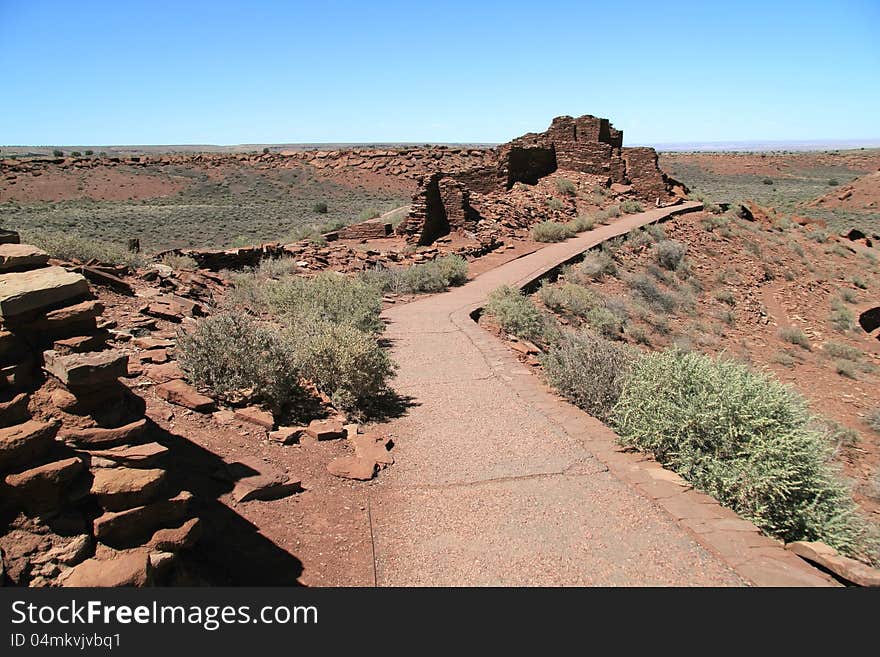 A ruined House in the Wupatki Pueblo site. Native American Indian Dwelling and visitor trail. In Wupatki National Monument, Arizona, USA