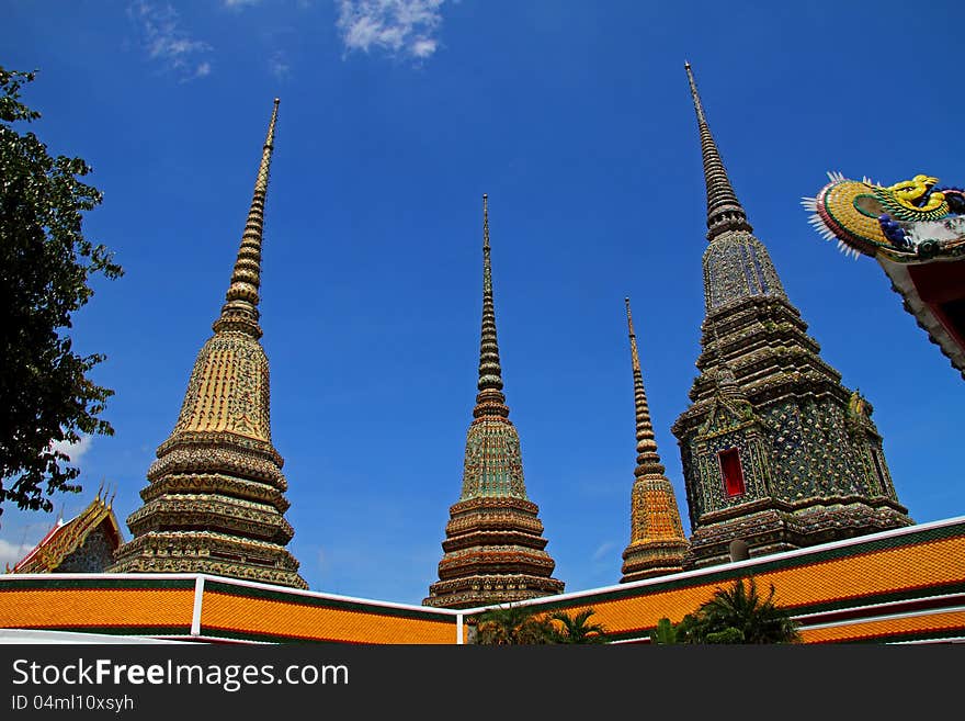 Sharp pagoda and sky with architecture at Wat Pho temple with in Bangkok, Thailand