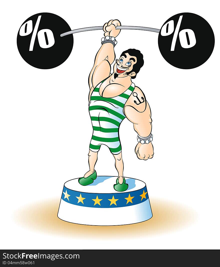 weight lifter in green striped suit lifting a weight with percent symbols. Available in vector EPS format