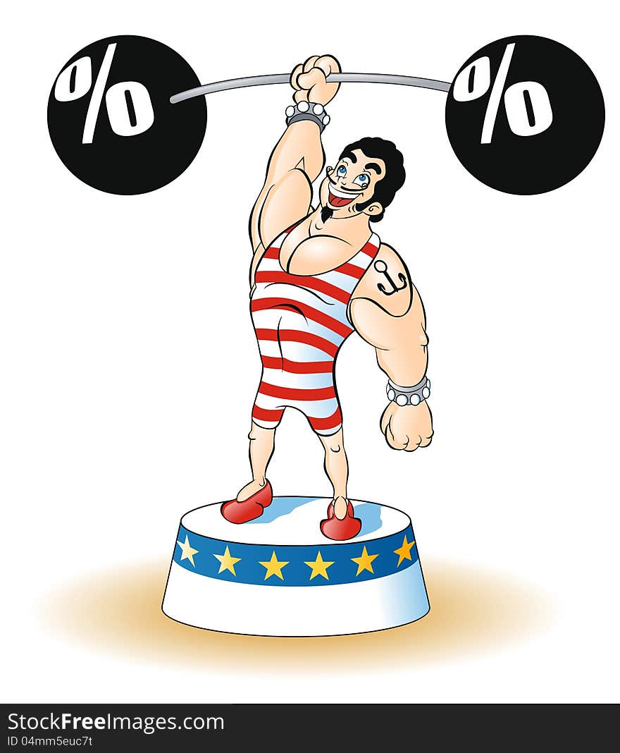 weight lifter in red striped suit lifting a weight with percent symbols. Available in vector EPS format