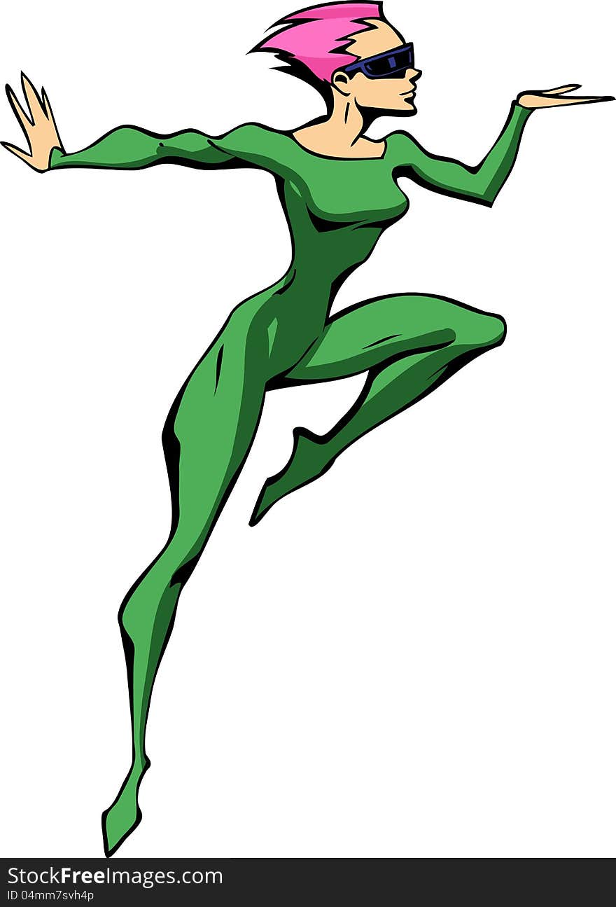 Illustration of a sportive lady in a green costume in a dynamic pose