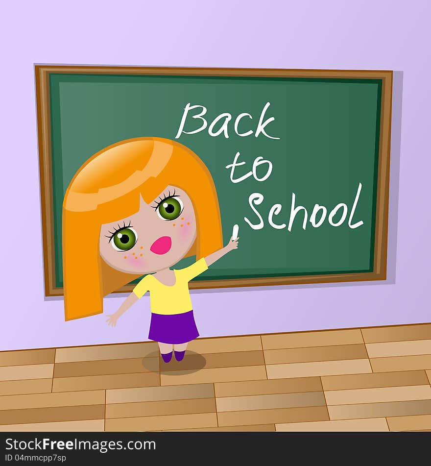 Cartoon Girl wrote chalk on a blackboard