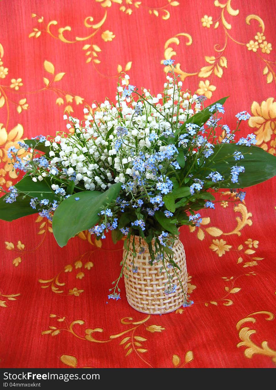 Bouquet Of Lilies Of The Valley And Blue Flowers