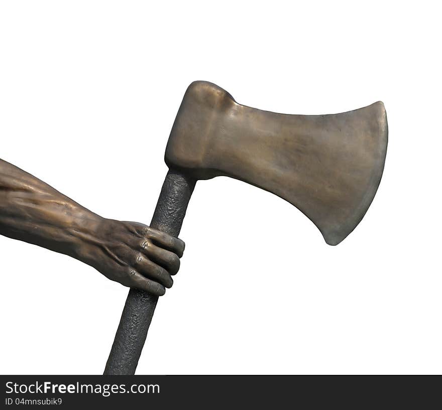 Bronze metal arm and hand holding a battle axe. Isolated on white. Bronze metal arm and hand holding a battle axe. Isolated on white.