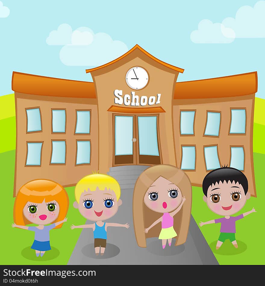 Cartoon kids are standing in the background of the school. Cartoon kids are standing in the background of the school