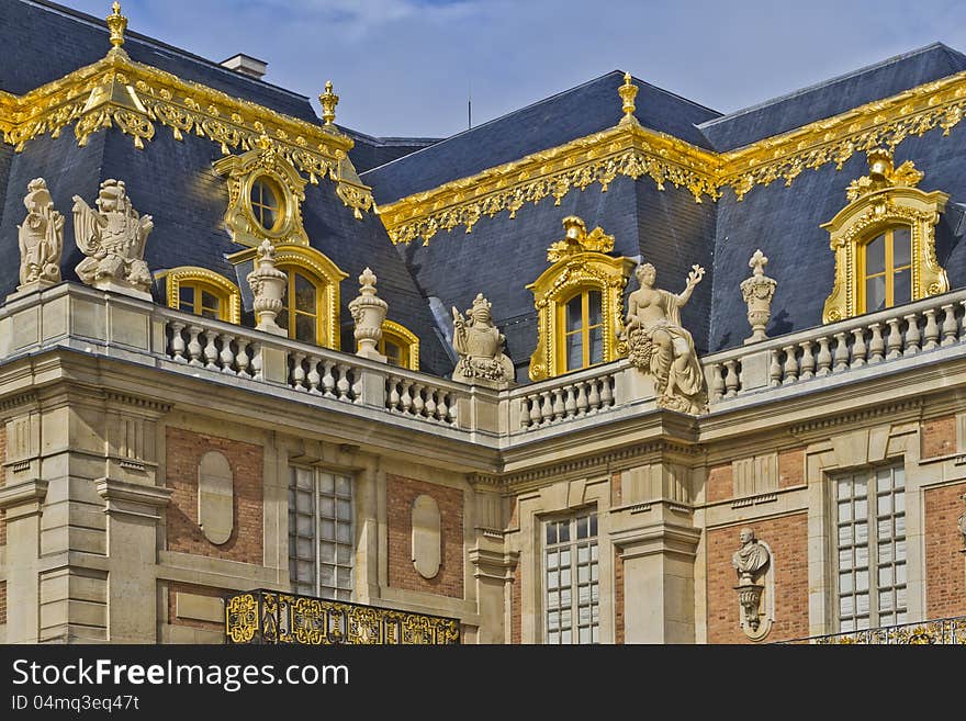 Front facade of Famous palace Versailles. The Palace Versailles was a royal chateau. It was added to the UNESCO list of World Heritage Sites. Paris, France