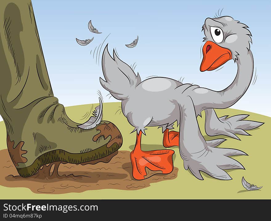 Human foot in a muddy boot pushes the goose in the. Human foot in a muddy boot pushes the goose in the