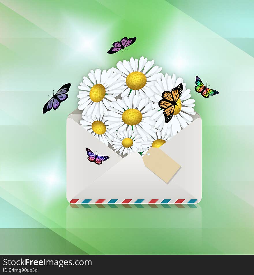 Illustration of open envelope with camomiles and butterflys. Illustration of open envelope with camomiles and butterflys.