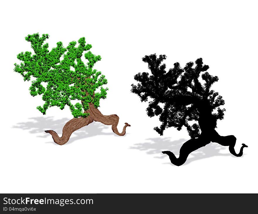 Painted fantasy spring tree and black silhouette on white background. Painted fantasy spring tree and black silhouette on white background.