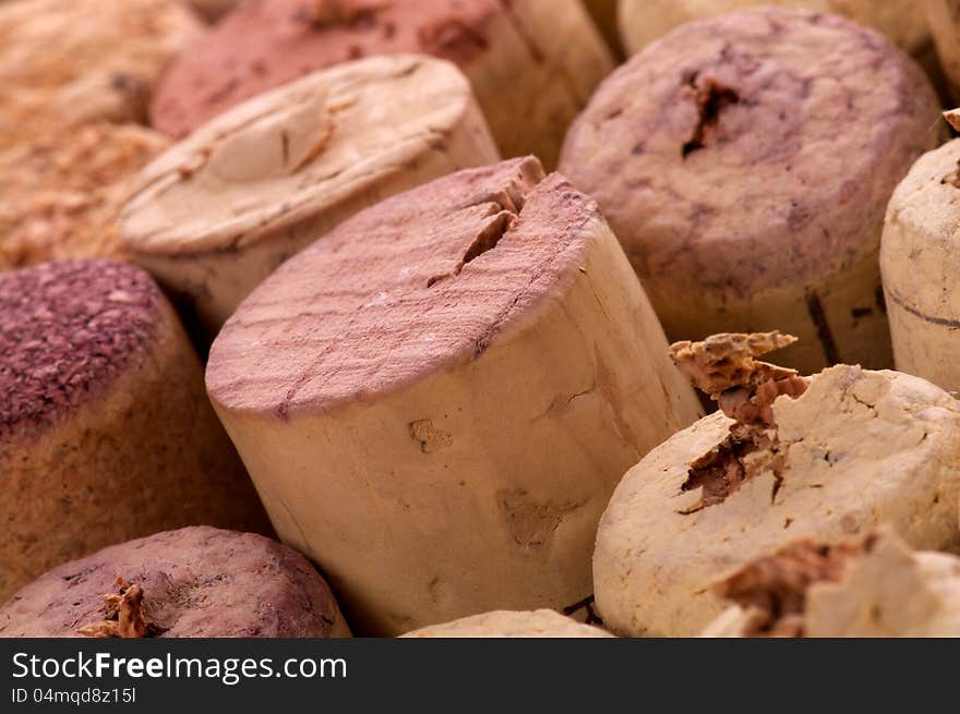 Arrangement of Various Used Wine Corks close up as background