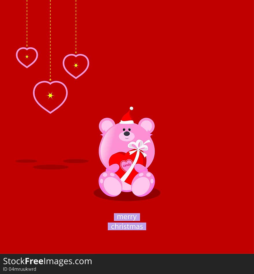 Christmas theme card. Loving Pink teddy holding a christmas candy gift box, celebrating the season. Christmas theme card. Loving Pink teddy holding a christmas candy gift box, celebrating the season.