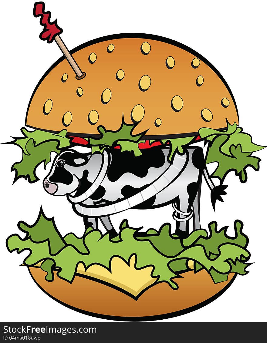 Cow stands inside a hamburger bun. Cow stands inside a hamburger bun