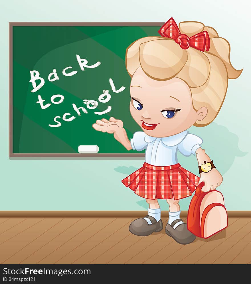 Standing cute little girl with rucksack in one hand, other hand is showing lettering Back to school on the class board, Girl and background are placed in differend group