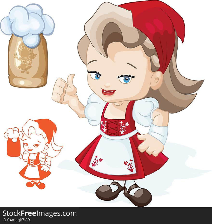 Cute young woman in red dirndl is showing thumbs-up sign. Mug of beer can be placed on hand. Silhouette with mug added. Cute young woman in red dirndl is showing thumbs-up sign. Mug of beer can be placed on hand. Silhouette with mug added.